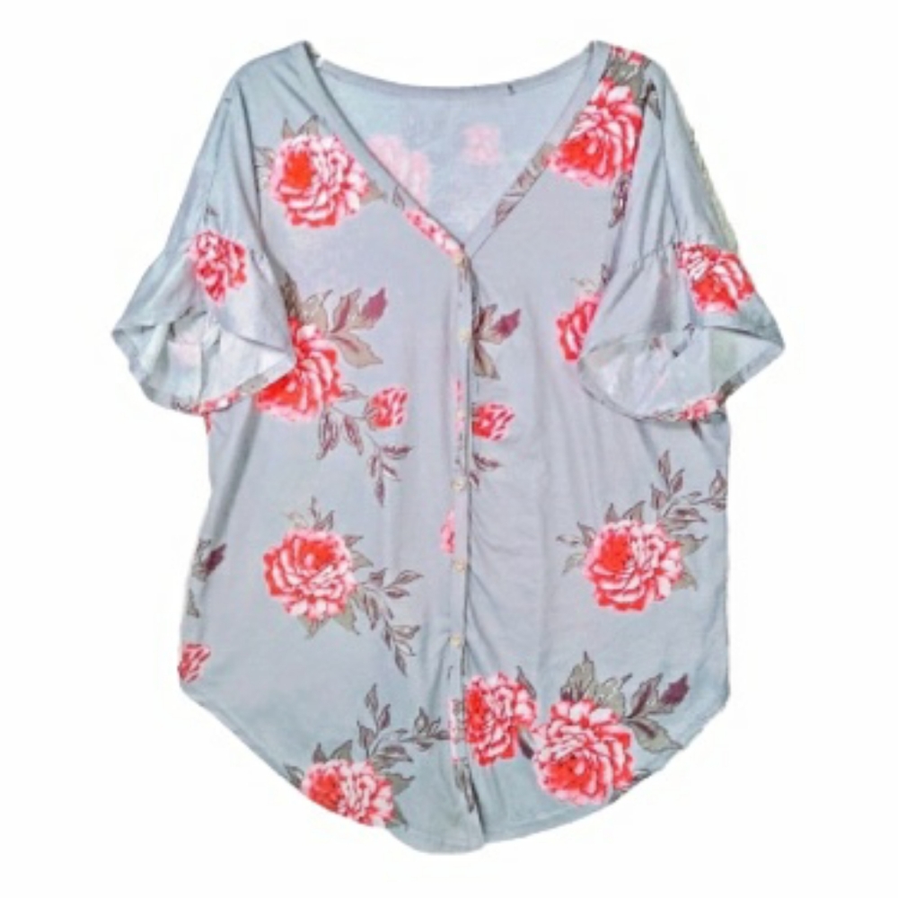 Gray and hot pink floral ruffle sleeve button top